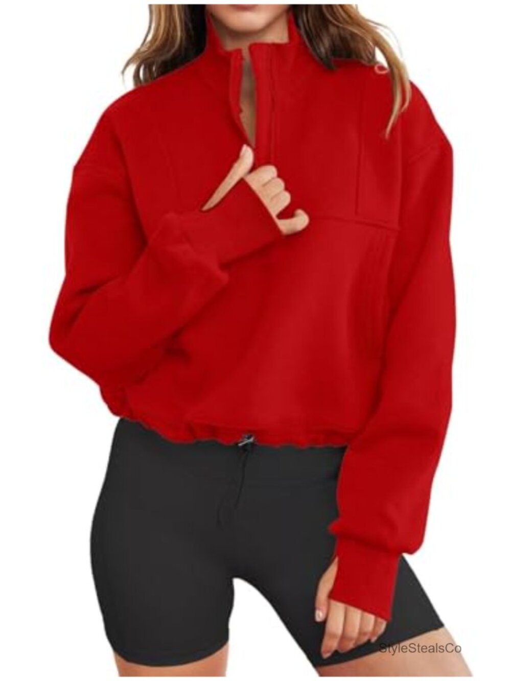 Women Half Zip Long Sleeve Cropped Sweatshirt Pullover V Neck Loose Fit